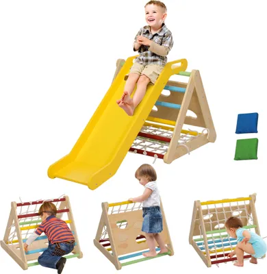 Image de AIYAPLAY 5 en 1 Triangle d'escalade avec toboggan enfants, parcours motricité bébé 18-48 mois, filet d'escalade et sacs de sable inclus, charge 50 KG, multicolore