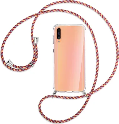 Produktbild von Handykette Backcover-Schutzhülle mit Band (Metall silberfarben) für Samsung Galaxy A50 - weinrot/gelb/grau
