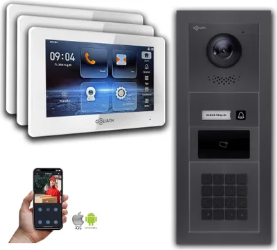 Image de Interphone vidéo Goliath IP avec caméra, code numérique, RFID, anthracite : 3 moniteurs : 7 pouces, blanc : boîtier en saillie Nombre de moniteurs : 3 moniteurs Couleur du moniteur : 7 pouces, blanc Montage : boîtier en saillie