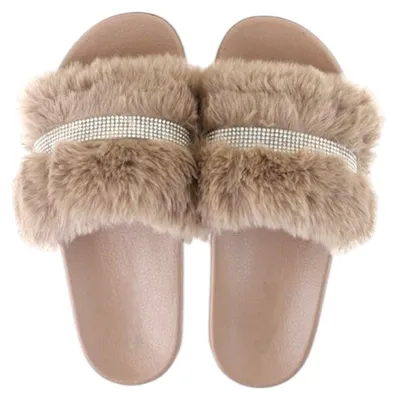 Produktbild von Damen Hausschuhe mit Fell » Damenschuhe mit Kunstfell » Badeschuhe » Sommer Badelatschen » Schlappen & Garten Schuhe » Pantoffeln mit Kunstpelz: Braun mit Glitzersteinen / 38 Farbe: Braun mit Glitzersteinen Schuhgröße: 38