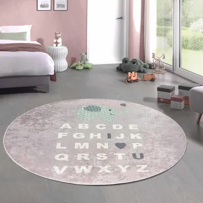 Zdjęcie produktu dla Dywanik dla dzieci ABC Alfabet ze słoniem różowy rozmiar - okrągły 150 cm