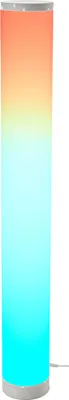 A tall, cylindrical lamp with a gradient of colors from orange at the top to cyan at the bottom, standing on a white background. A thin white cable is visible on the right side.