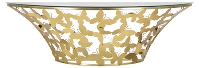 Produktbild von Wandkonsole "Schmetterlinge" in Gold – Halbrunde Konsole aus goldfarbenem Metall mit Glas und Schmetterlingen, 120 x 40,5 x 37,2 cm – Glamouröser Stil – Parent 940