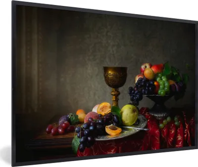 Produktbild von MuchoWow® Gerahmtes Poster Rustikal - Tisch - Obst - Stilleben - Tasse 90x60 cm - Poster mit Schwarzem Bilderrahmen Wandposter Rahmen Foto Bilder - Fotorahmen - Foto-Plakat