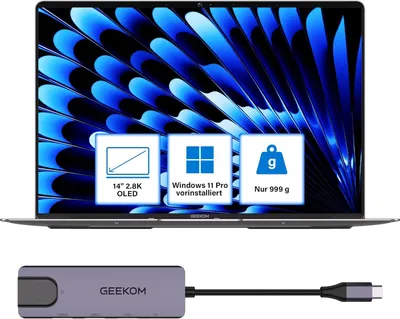 Image de Ordinateur portable GEEKOM GeekBook X14 Pro, ultra-léger (999 g), écran OLED 14 pouces 2,8K, processeur Ultra 9-185H, 32 Go de RAM LPDDR5x à 7 500 MT/s, 1 To de stockage, 2 ports USB4, lecteur d'empreintes digitales, clavier allemand
