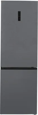 A front view of a tall, dark gray refrigerator.