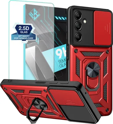 Produktbild von Armor Handyhülle für Samsung Galaxy A15 / A15 5G mit 9H Displayglas Displayschutz Kameraschutz Handy Panzer Case Cover Schutzhülle Outdoor Farbe: Rot
