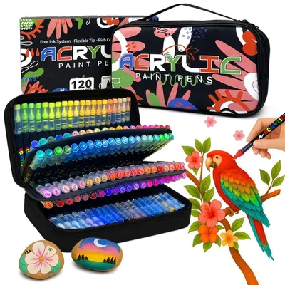 Image de Stylos à peinture acrylique, 120 couleurs, résistants à l'eau, pointe pinceau, pour tissu, verre, bois, papier, travaux manuels, art, coffret cadeau