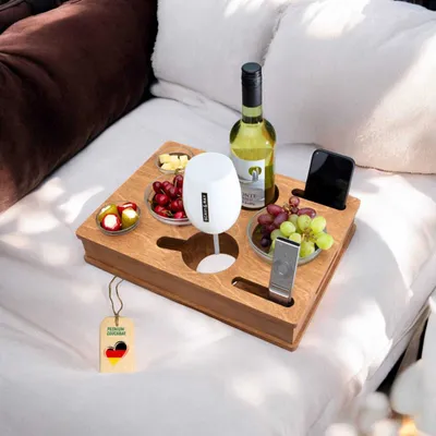 Produktbild von Couchbox mit 4 Glasschalen in Eiche | Couchbar Snackbox für Snacks und Getränke | Snackbar für die Couch | Couch Tablett mit Getränkehalter | Sofabar