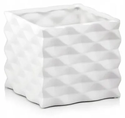 Produktbild von Quadratischer Keramik Blumentopf Übertopf weiß 14 cm, glänzend, geprägt, ohne Abflussloch