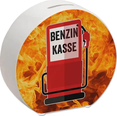 Produktbild von Benzinkasse Zapfsäule Spardose mit Flammen Hintergrund