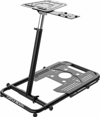 A black and silver gaming stand on a white background.