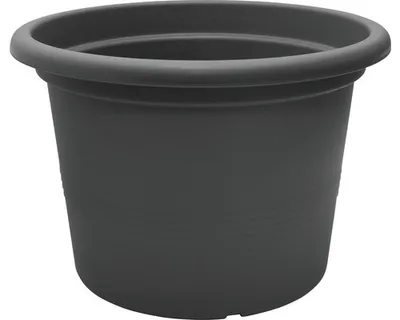 A dark gray plastic planter pot is shown against a white background.