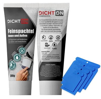Produktbild von Feinspachtel weiß 1 x 300g mit Spachtelset innen & aussen - Wand & Decke Fertigspachtel, Bohrloch- & Rissfüller, Spachtelmasse - DICHTON D.60W