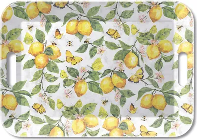 Produktbild von Tablett Melamin 47x33cm mit Zitronen & Schmetterling Motiv Weiß / Gelb