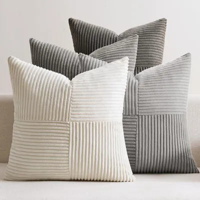 Productafbeelding van Kussenhoes van corduroy, 4-delig patchworkdesign, 45 x 45 cm, decoratief kussenhoes, sierkussen, kussen voor de bank, corduroy sierkussen voor bank, fauteuil, woonkamer, slaapkamer, grijs