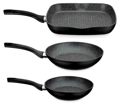 Produktbild von Pfannen-Set Gourmet Granit – 3-teiliges Pfannenset mit 2 Bratpfannen und 1 Grillpfanne, auch für Induktion, Antihaftbeschichtung – Aluminium, Schwarz