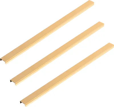 Three gold-colored decorative strips for acoustic panels are arranged diagonally on a white background.