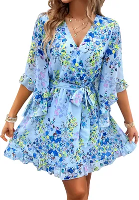 Produktbild von ASKSA Sommerkleid Damen Kurz Elegant Blumen Chiffon V-Ausschnitt Wickelkleid (Hellblau,L)