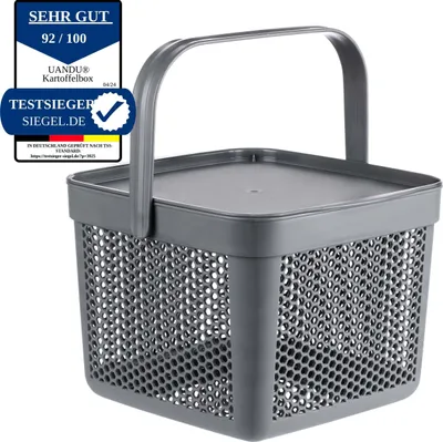 A gray plastic basket with a lid and handle, placed on a white background. A seal of quality is visible in the upper left corner.