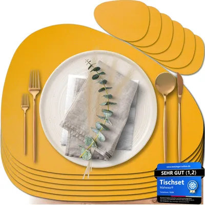 6er-Set ovale Kunstleder-Platzsets, wasserdicht, mosterdgelb