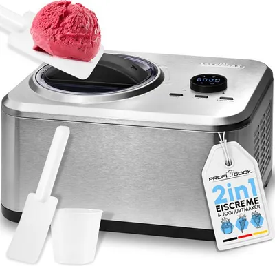 A stainless steel ice cream and yogurt maker with a scoop of pink ice cream on a spatula being placed into the machine. Accessories and a product tag are also visible.