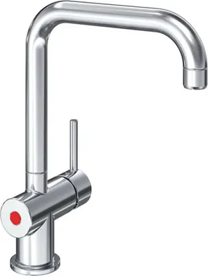 A chrome kitchen faucet with a red indicator on a white background.