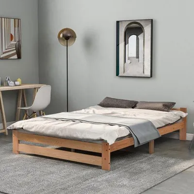 Produktbild von Massives Holz-Futonbett Naturholz Bett mit Kopfteil und Holzboden, Natur (200x140cm)