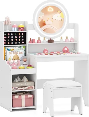 Obrázok produktu pre Detský toaletný stolík so zrkadlom a svetlom, biely, úložný priestor a stolička