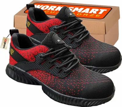 A pair of red and black safety shoes with a cardboard box in the background.