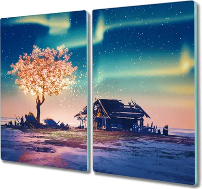Produktbild von Coloray Herdabdeckplatte 2x30x52 cm Schneidebrett Kochplattenabdeckung Küchenbrett Hackbrett - Baum Nachthimmel