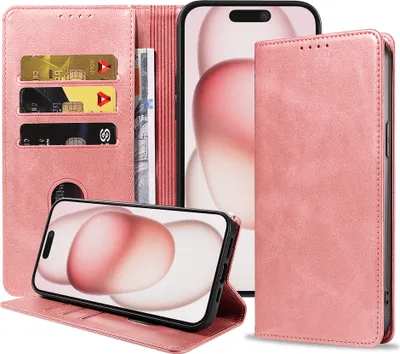 Produktbild von Smartphonica Handytasche passend für iPhone 15 Kunstleder mit Magnetverschluss und Kartenhalter Buchhülle mit Klappe - Pink