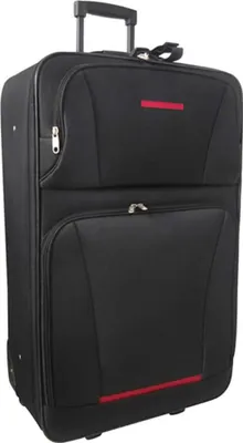 A black suitcase with red accents and a retractable handle.