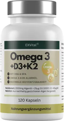 Produktbild von Omega 3 + D3 & K2 Kapseln, 100% vegan aus Algenöl, 120 Stück von EXVital