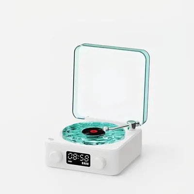 Zdjęcie produktu dla Głośnik winylowy – głośnik Bluetooth – 2025 Nowy przenośny głośnik winylowy w stylu retro – regulowane oświetlenie i zegar – idealny do sypialni i na imprezy – biały