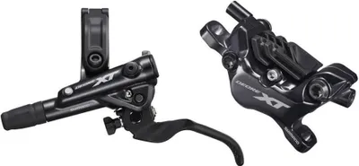 A black bicycle brake lever and caliper are shown against a white background.