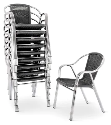 Produktbild von Bistrostuhl 10er-Set, Outdoor-Stapelstuhl mit Armlehnen, Polyrattan in Dunkelgrau, stabiles Alugestell