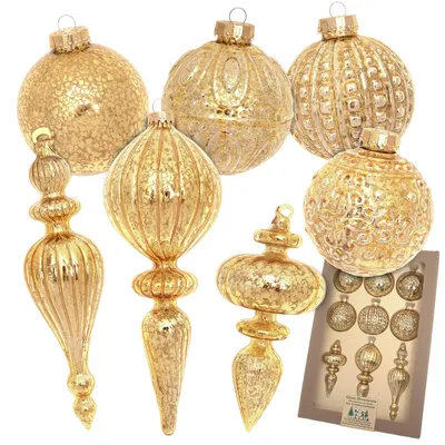 Produktbild von Krebs Glas Lauscha Weihnachtsbaumschmuck 9er Set - Antike Mercury - Gold - mit verschiedenen Formen - ca. 8cm