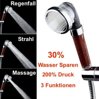 A product image showcasing a shower head with different spray modes and promotional text.