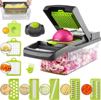 Obrázok produktu pre Mandolína na krájanie – kuchynský krájač – na krájanie zeleniny – 12 funkcií – 7 nožov – sivá farba