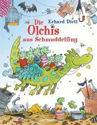 A cartoon illustration of green creatures riding on a green dragon, with various objects and debris in the foreground.