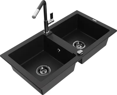 Produktbild von Mexen Mario 2-Becken-Granitspüle mit Mischbatterie Flora, Schwarz - 6504-77-670401-07-B