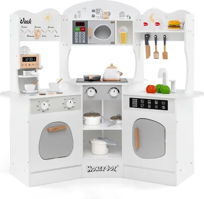 Immagine prodotto di COSTWAY Angolo cucina in legno, cucina per bambini con suoni e luci, set da gioco con scivolo, microonde, forno, caffè e lavatrice, per bambini dai 3 anni in su Bianco