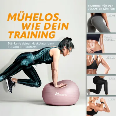 Produktbild von TRESKO Gymnastikball (Rose-Gold, 75cm) mit Pumpe Fitnessball Yogaball Sitzball Sportball Pilates Ball Sportball