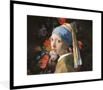 Produktbild von MuchoWow® Gerahmtes Poster Das Mädchen mit dem Perlenohrring - Vermeer - Blumen 80x60 cm - Poster mit Schwarzem Bilderrahmen Wandposter Rahmen Foto Bilder - Schlafzimmer-Dekorationen - Fotoposter
