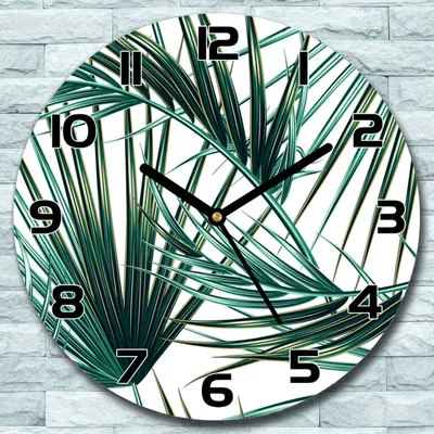 Produktbild von Wanduhr aus Glas Rund fi 30 Grüne Palmblätter Quarz Deko Wohnzimmer Büro