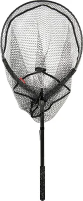 A fishing net with a black mesh and a black handle is shown against a white background.