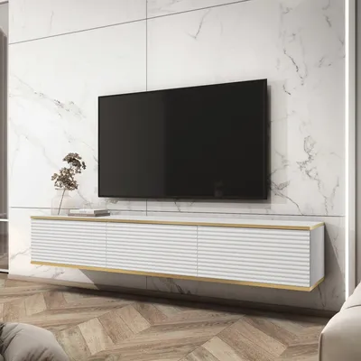 Obrázek produktu pro Bettso TV skříňka na zeď TV skříňka TV komoda TV skříňka se 3 dvířky Moderní TV skříňka do obývacího pokoje ORO 175 cm lamelová čela bílá