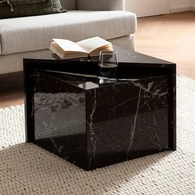 Produktbild von WOHNLING Couchtisch 2er Set MONOBLOC Schwarz Hochglanz Sofatisch mit Marmor Optik Satztisch Eckig Wohnzimmertisch Ineinanderschiebbar Lounge