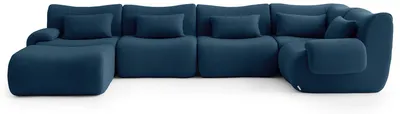 Image de MILYSOFA SOFATIME : canapé d'angle modulaire 5 places avec méridienne, tissu bouclé raffiné, bleu foncé